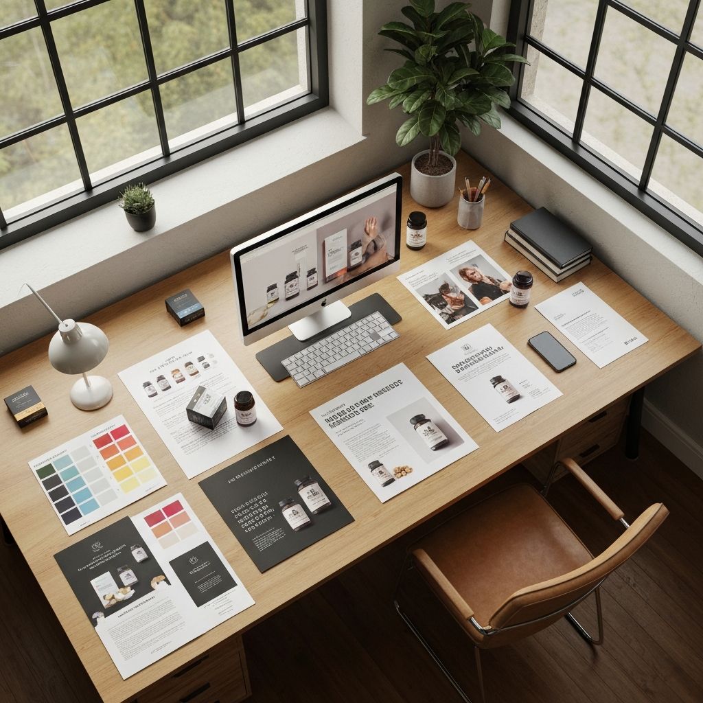 Brand development workspace with packaging mockups and design materials